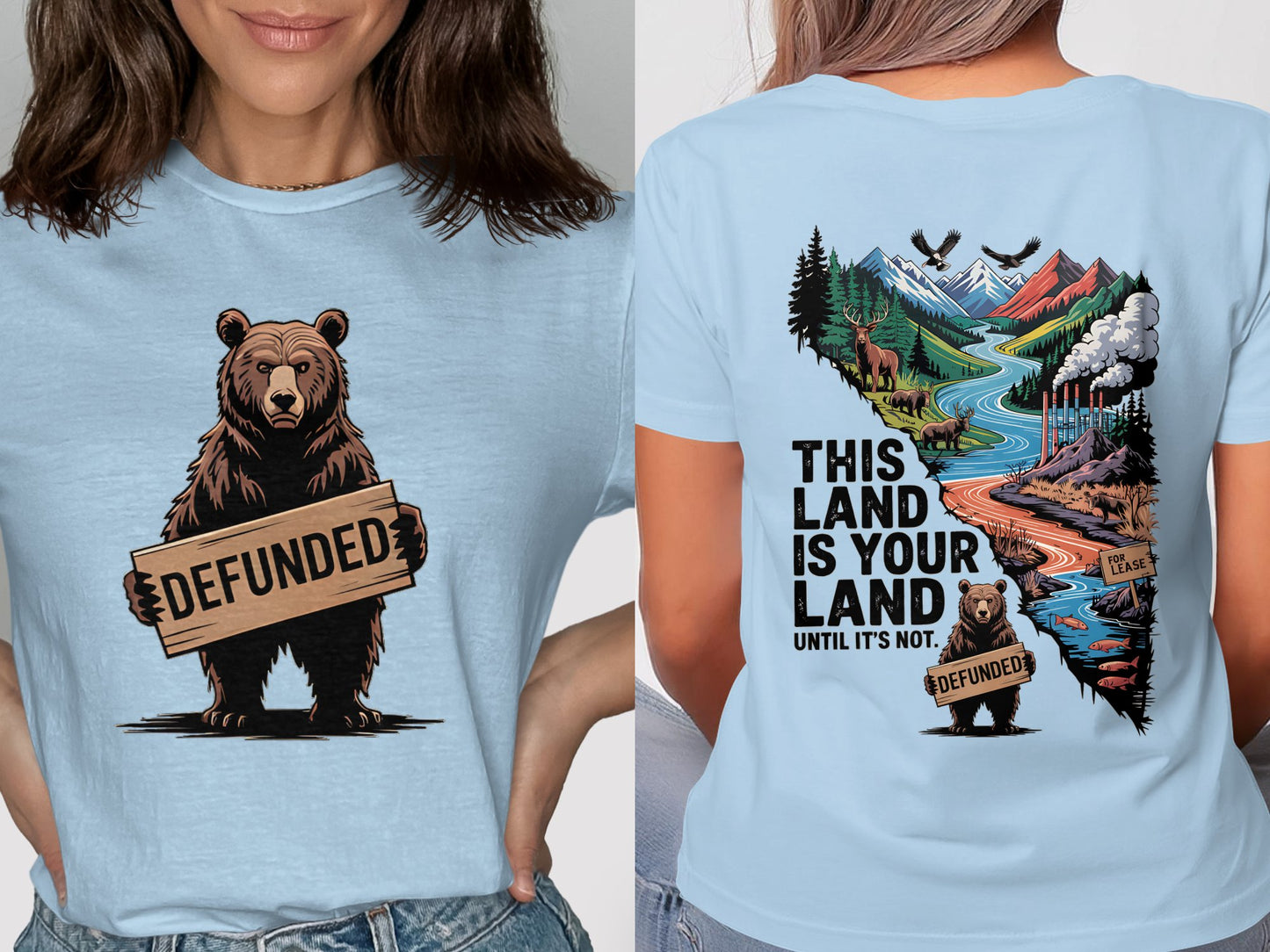 Defunded Bear and Scenic Landscape Print T-shirt