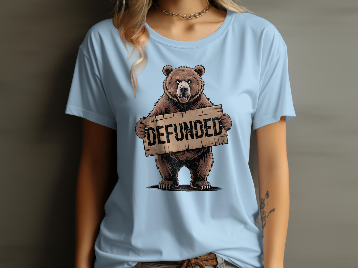 Defunded Bear Holding Sign T-Shirt for Unique Fashion product