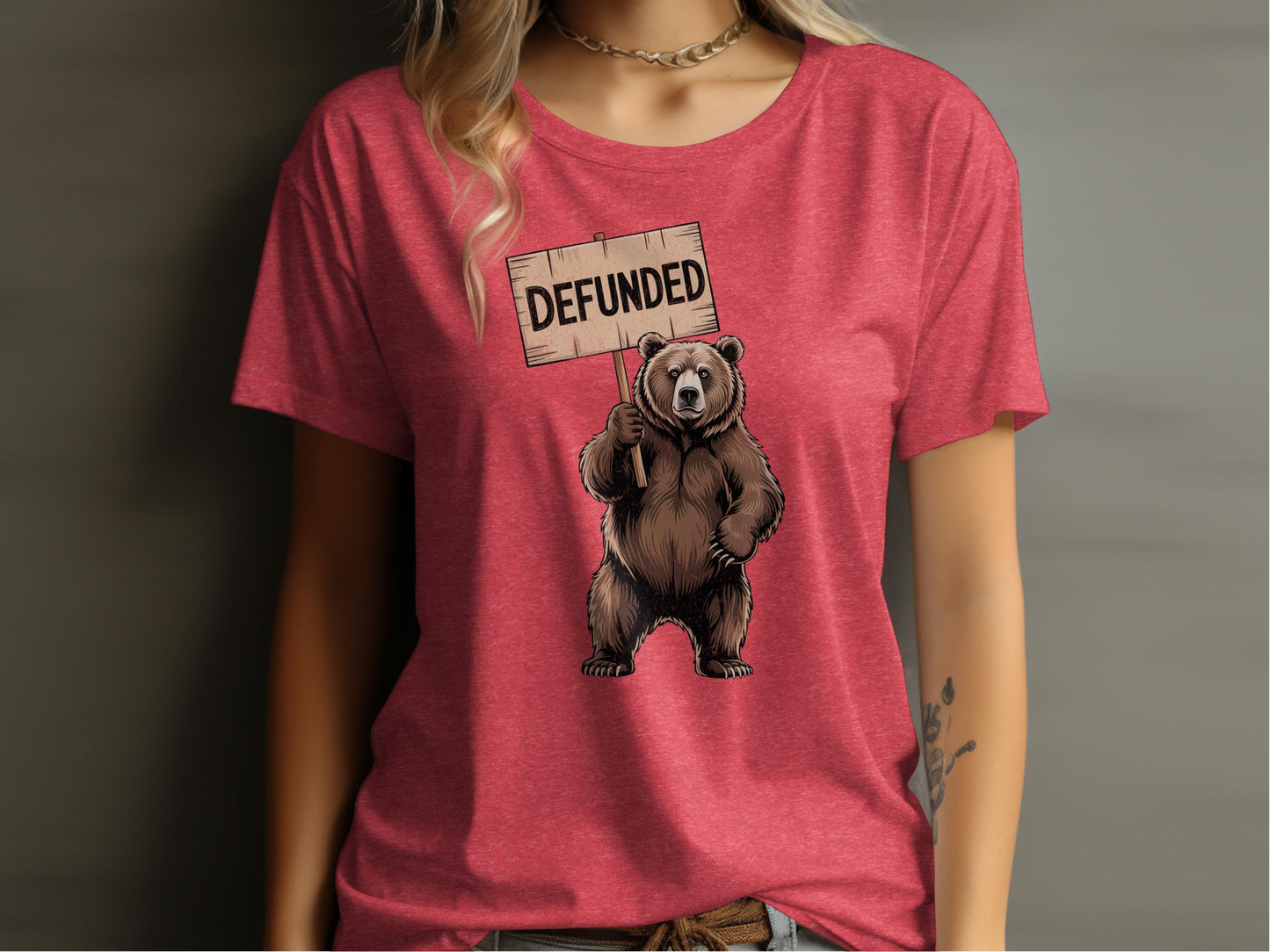 Bear Holding Defunded Sign Graphic Tee Shirt product type