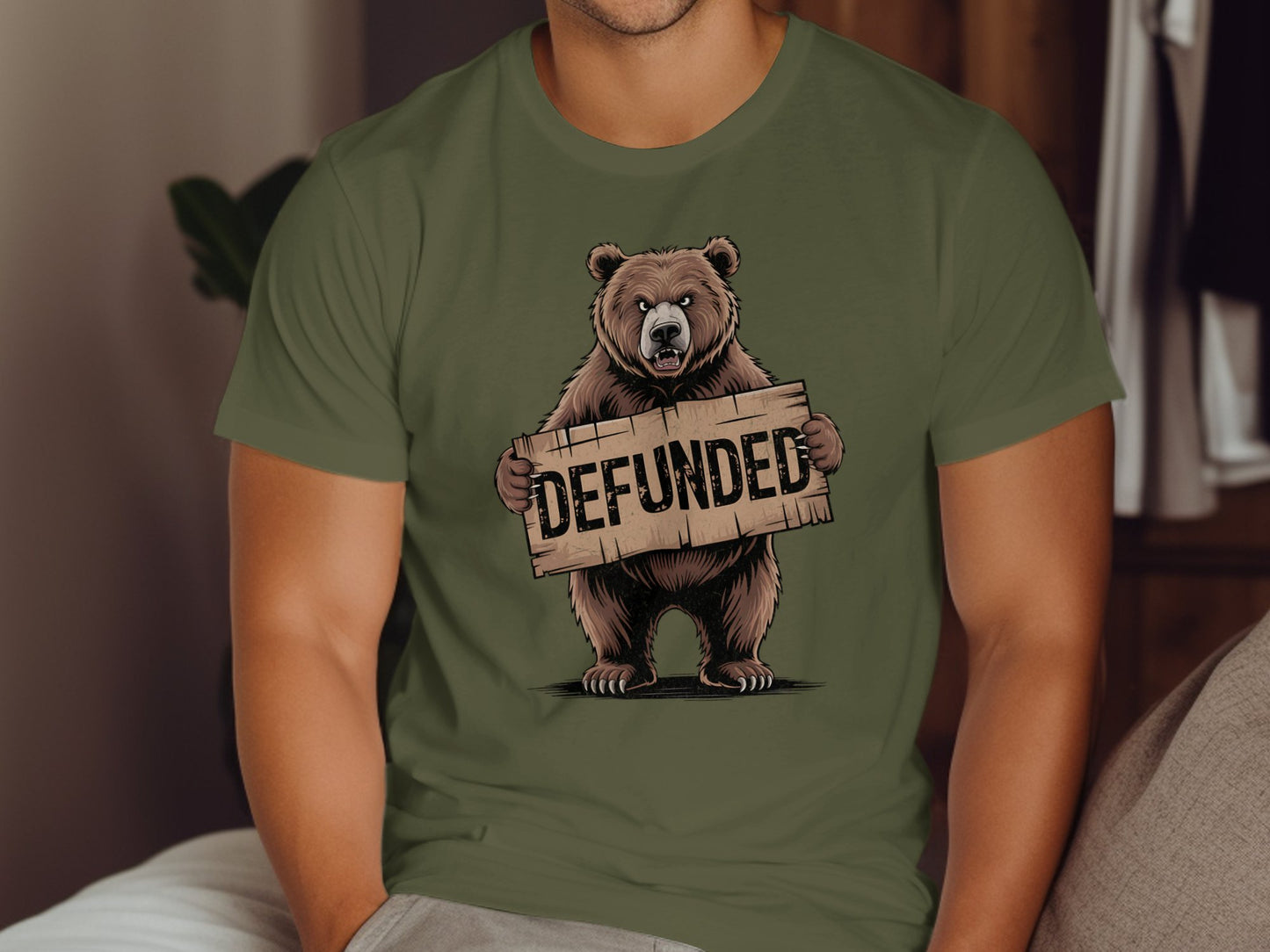 Bear Holding Defunded Sign Green Graphic T-shirt product