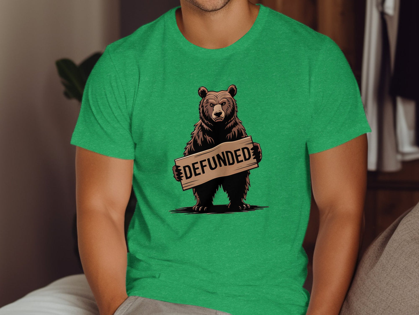 Bold Green Tee with Bear Holding Defunded Sign product type