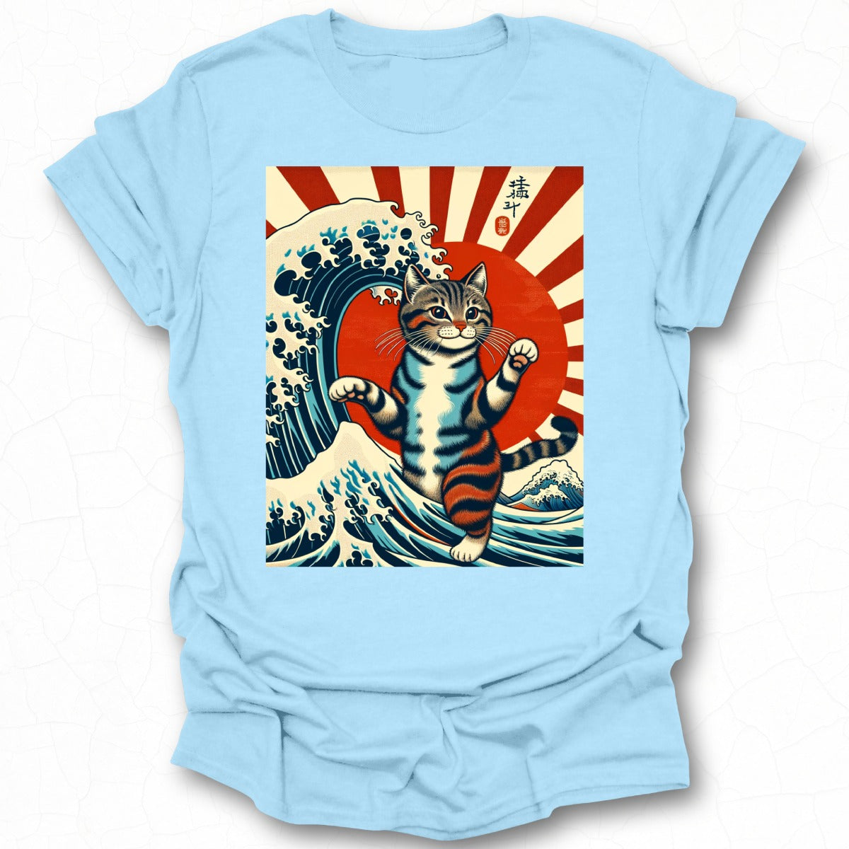 Cute Cat on Japanese Wave Graphic Shirt