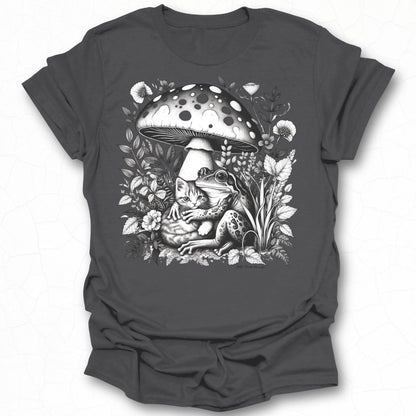 Adorable Cat and Frog Under Mushroom Graphic Tee