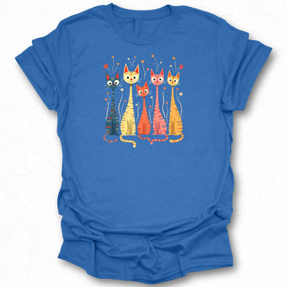 Colorful Cats Design on Blue Tee Shirt