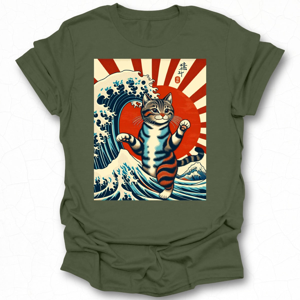 Retro Japanese Wave Cat Graphic Print T-Shirt