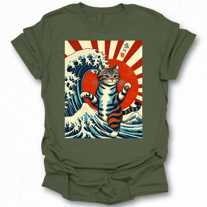 Retro Japanese Wave Cat Graphic Print T-Shirt