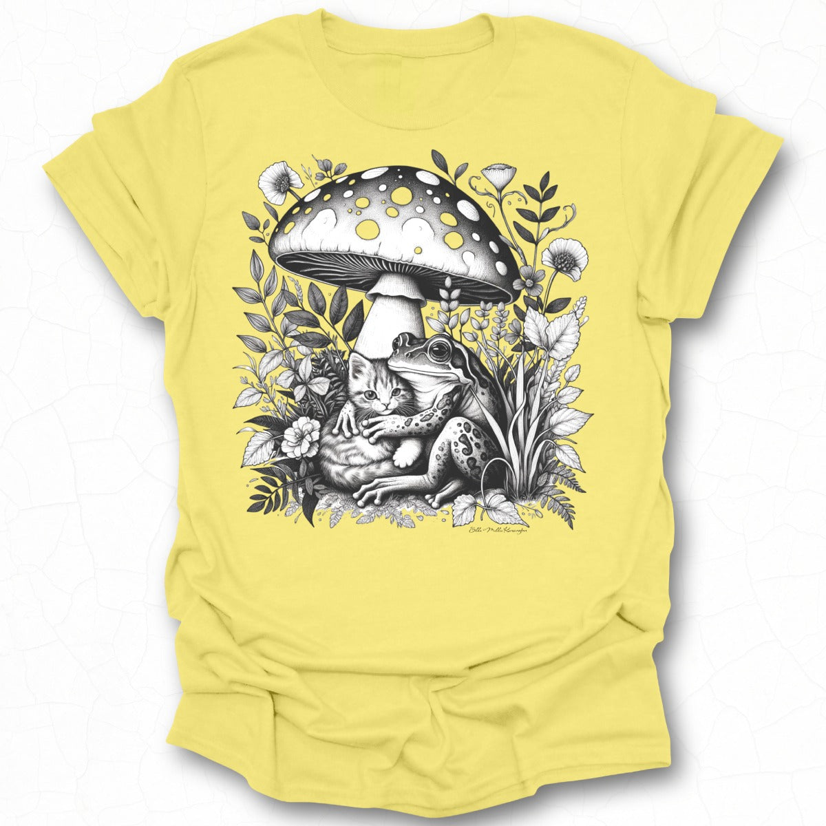 Whimsical Frog and Cat under Mushroom T-Shirt