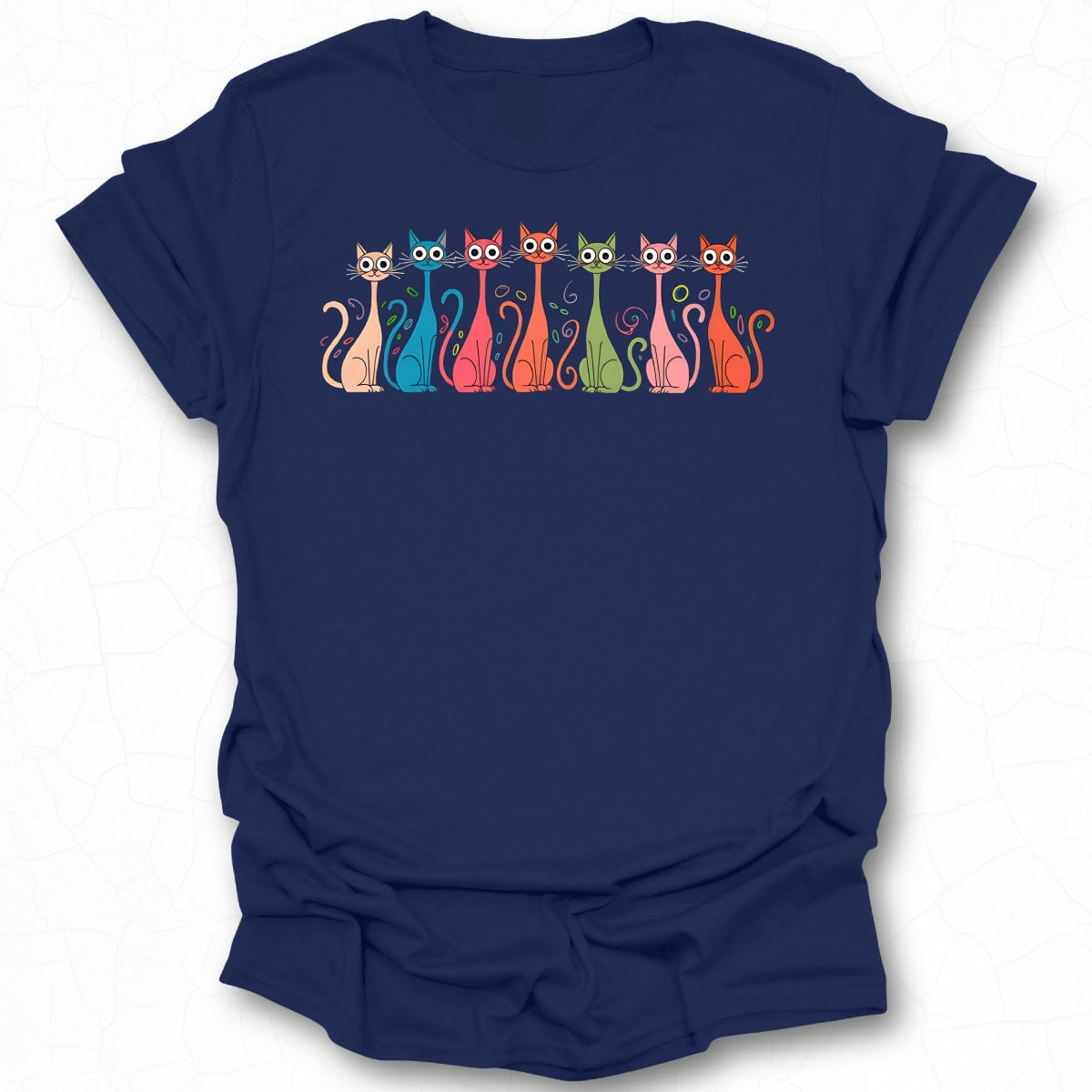 Colorful Artistic Cats Design on Navy Blue Shirt