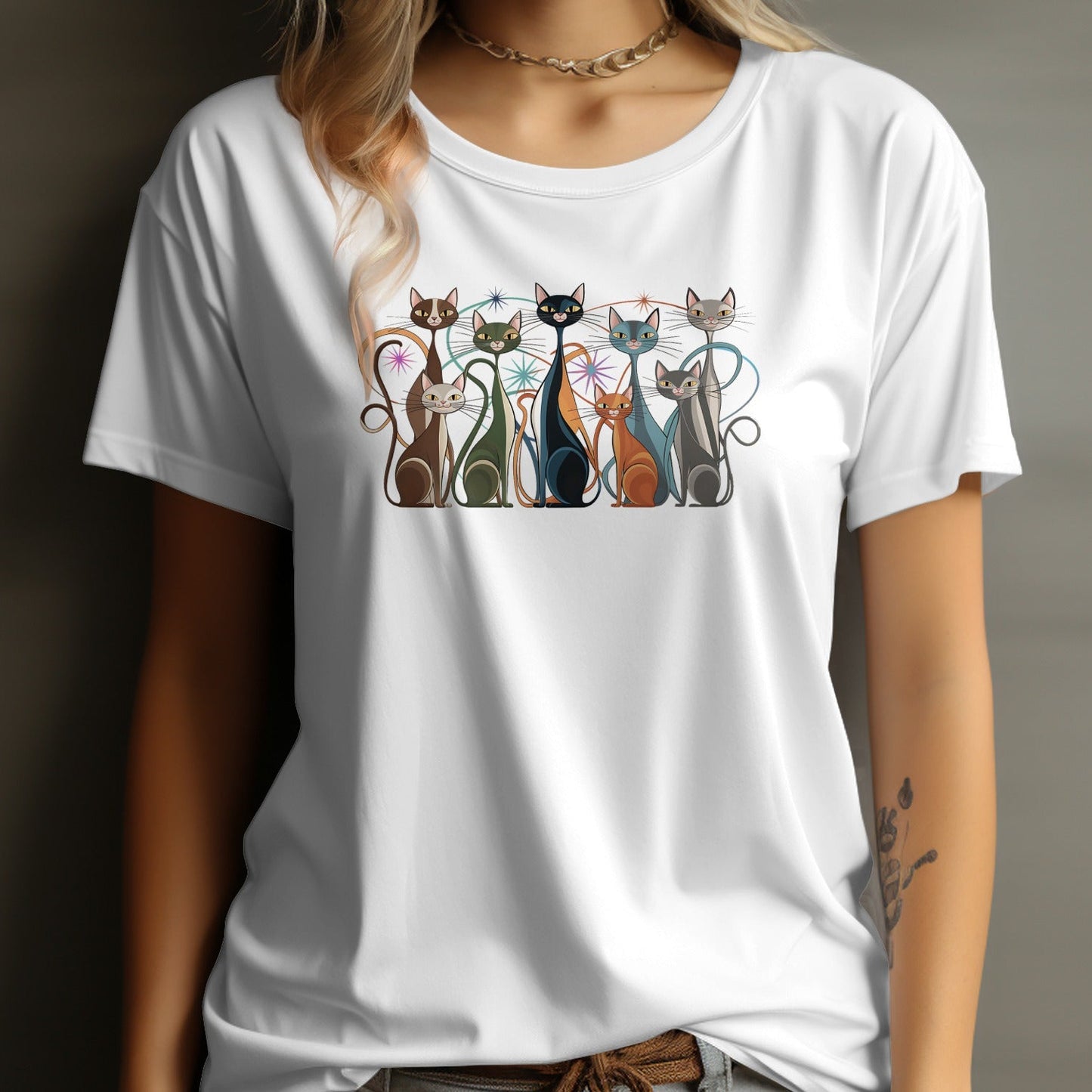 Artistic Multicolored Cats Graphic T-shirt