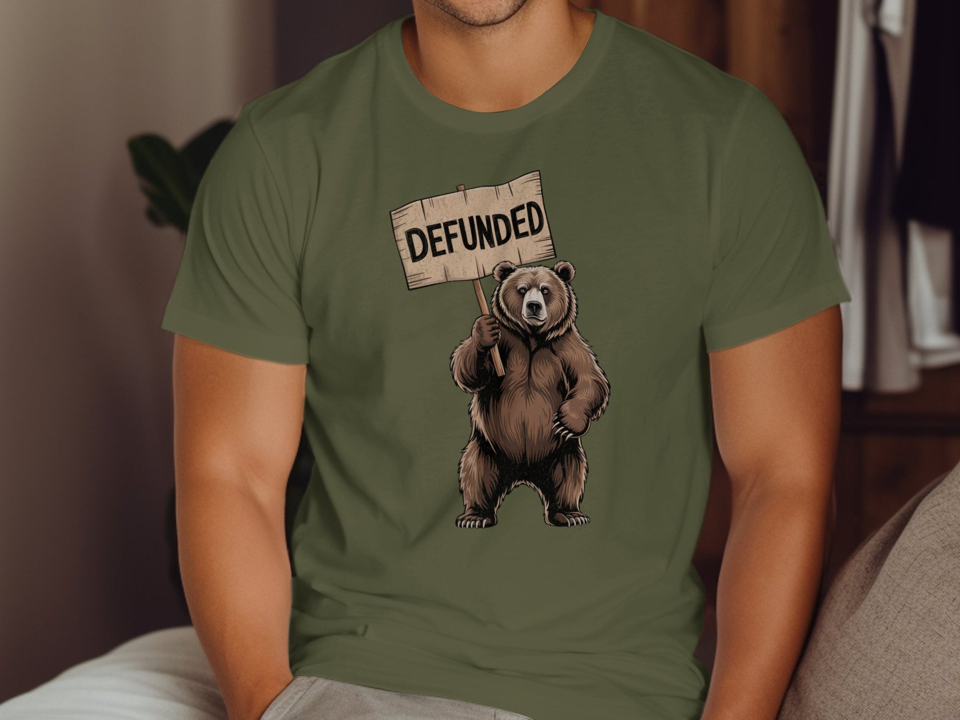 Defunded Bear Holding Sign Humorous Graphic Tee product