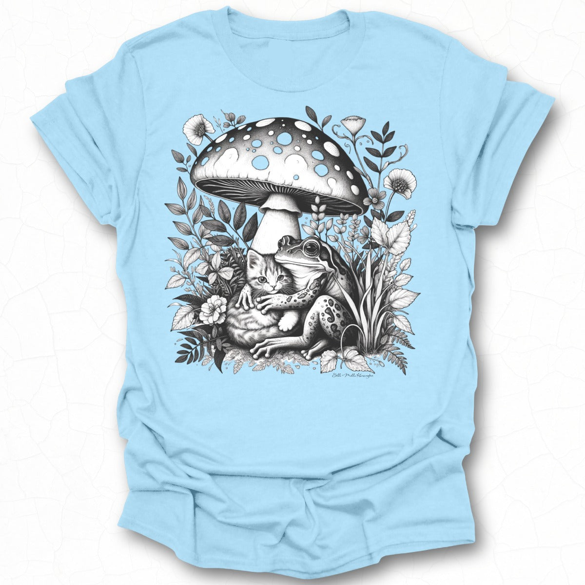 Frog and Cat Under Mushroom Graphic Tee