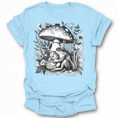 Frog and Cat Under Mushroom Graphic Tee