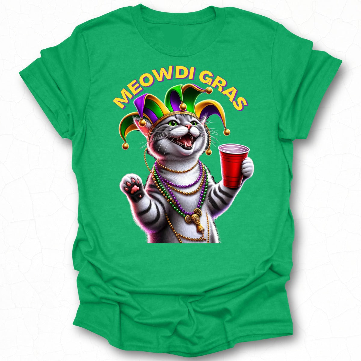Funny Meowdi Gras Cat T-Shirt with Mardi Gras Theme