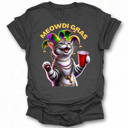Meowdi Gras Cat with Beads and Drink Graphic T-Shirt
