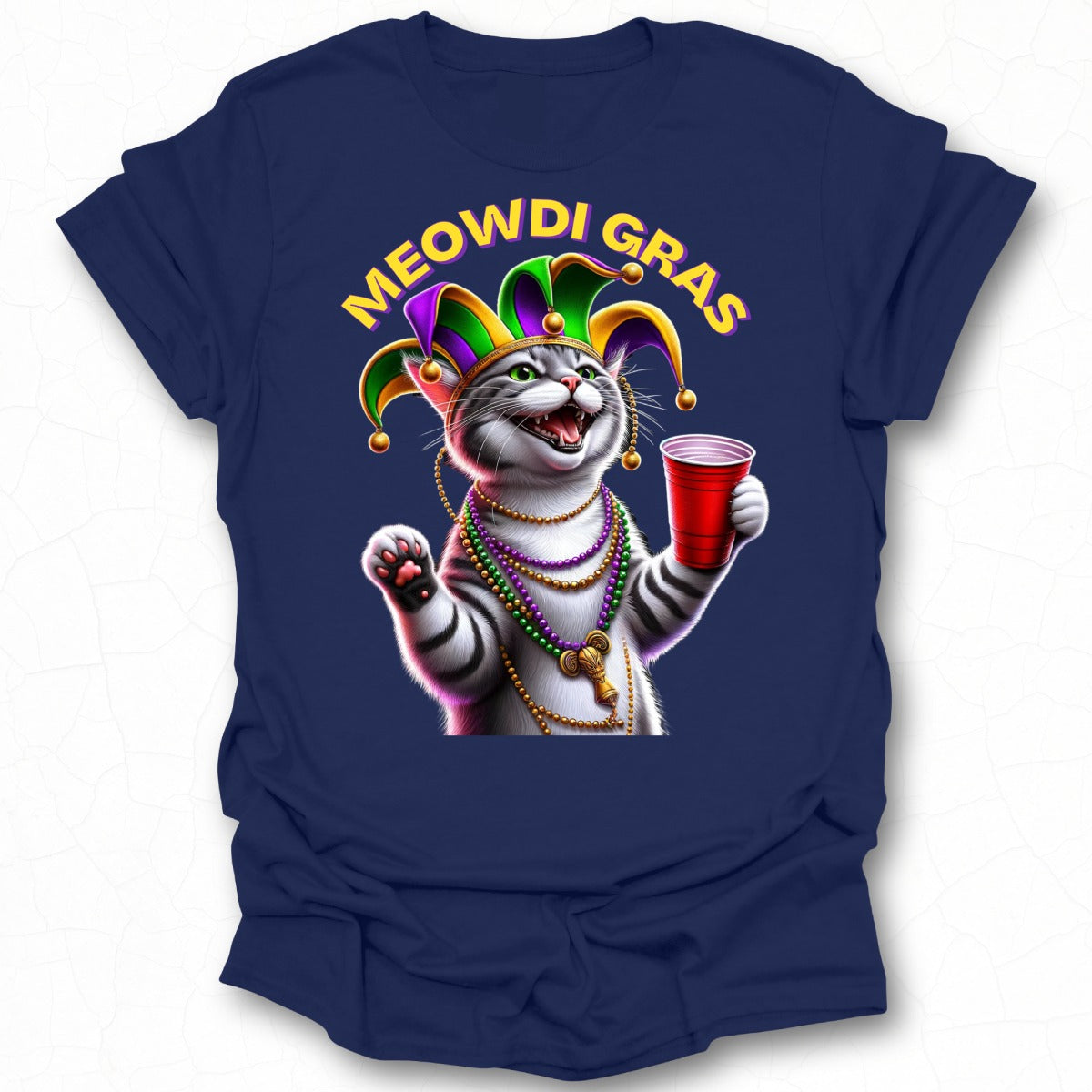 Meowdi Gras Cat with Beads and Drink T-Shirt