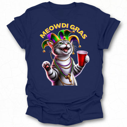 Meowdi Gras Cat with Beads and Drink T-Shirt