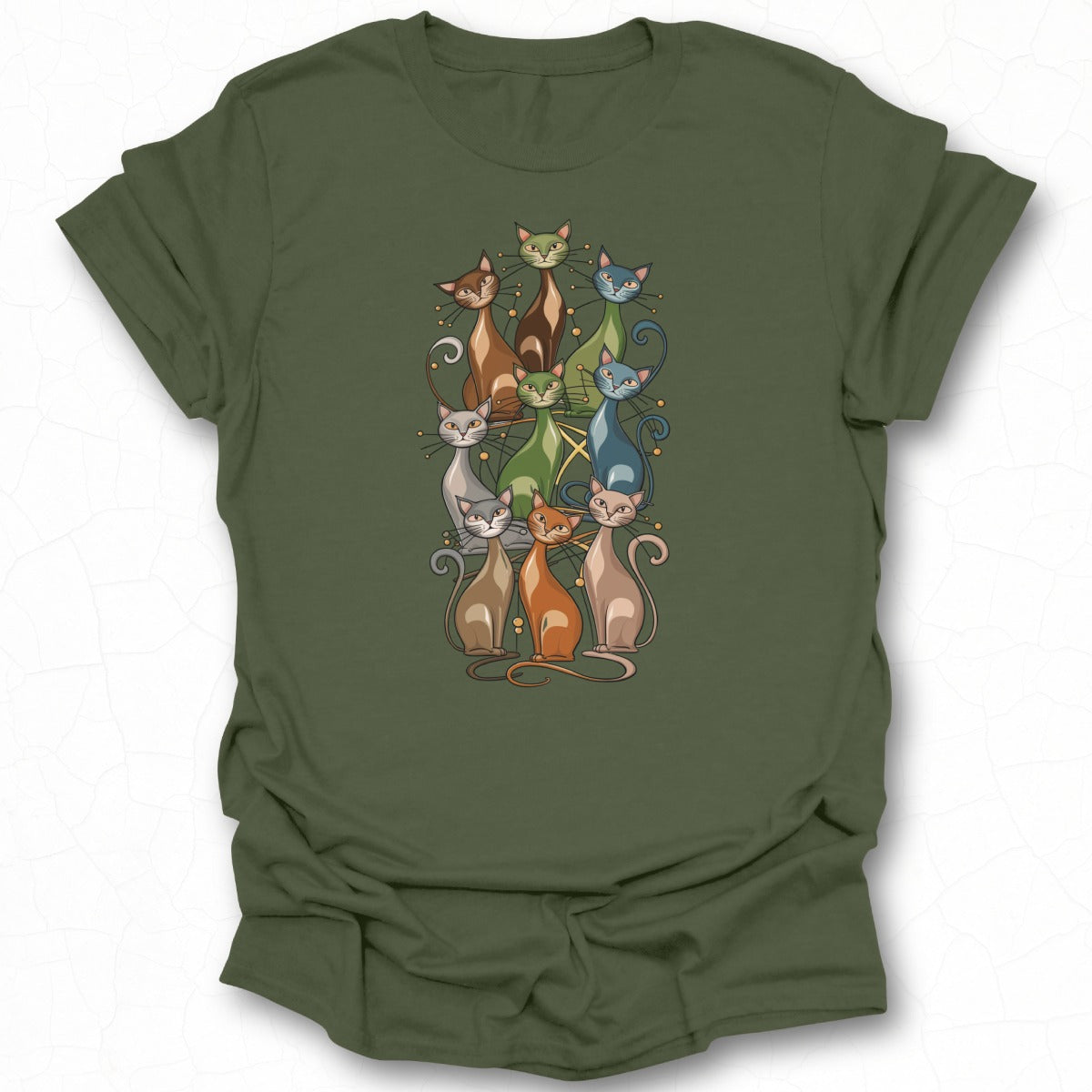 Green T-Shirt with Nine Colorful Cats Design