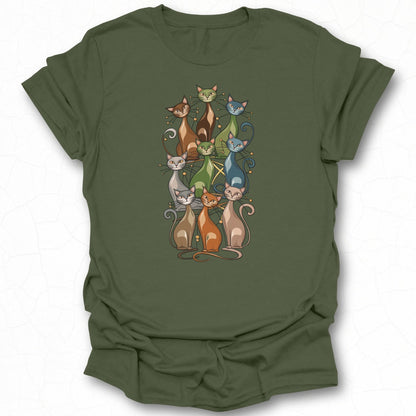 Green T-Shirt with Nine Colorful Cats Design