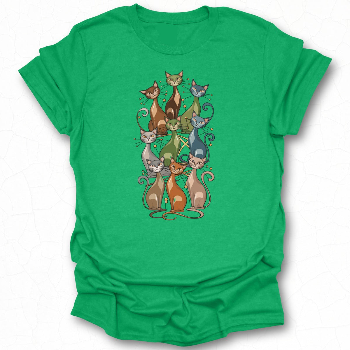Cute Whimsical Cat Illustration on Green T-shirt