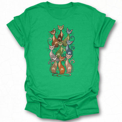 Cute Whimsical Cat Illustration on Green T-shirt
