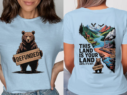 Defunded Bear and Scenic Landscape Print T-shirt