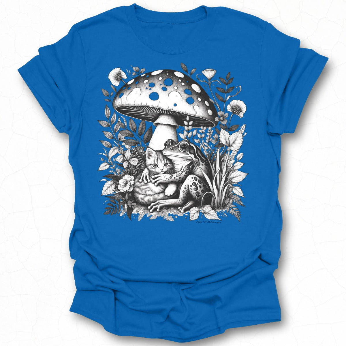 Cute Cat And Frog Under Mushroom Graphic T-Shirt