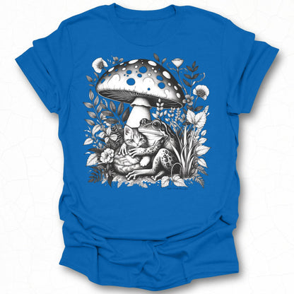 Cute Cat And Frog Under Mushroom Graphic T-Shirt