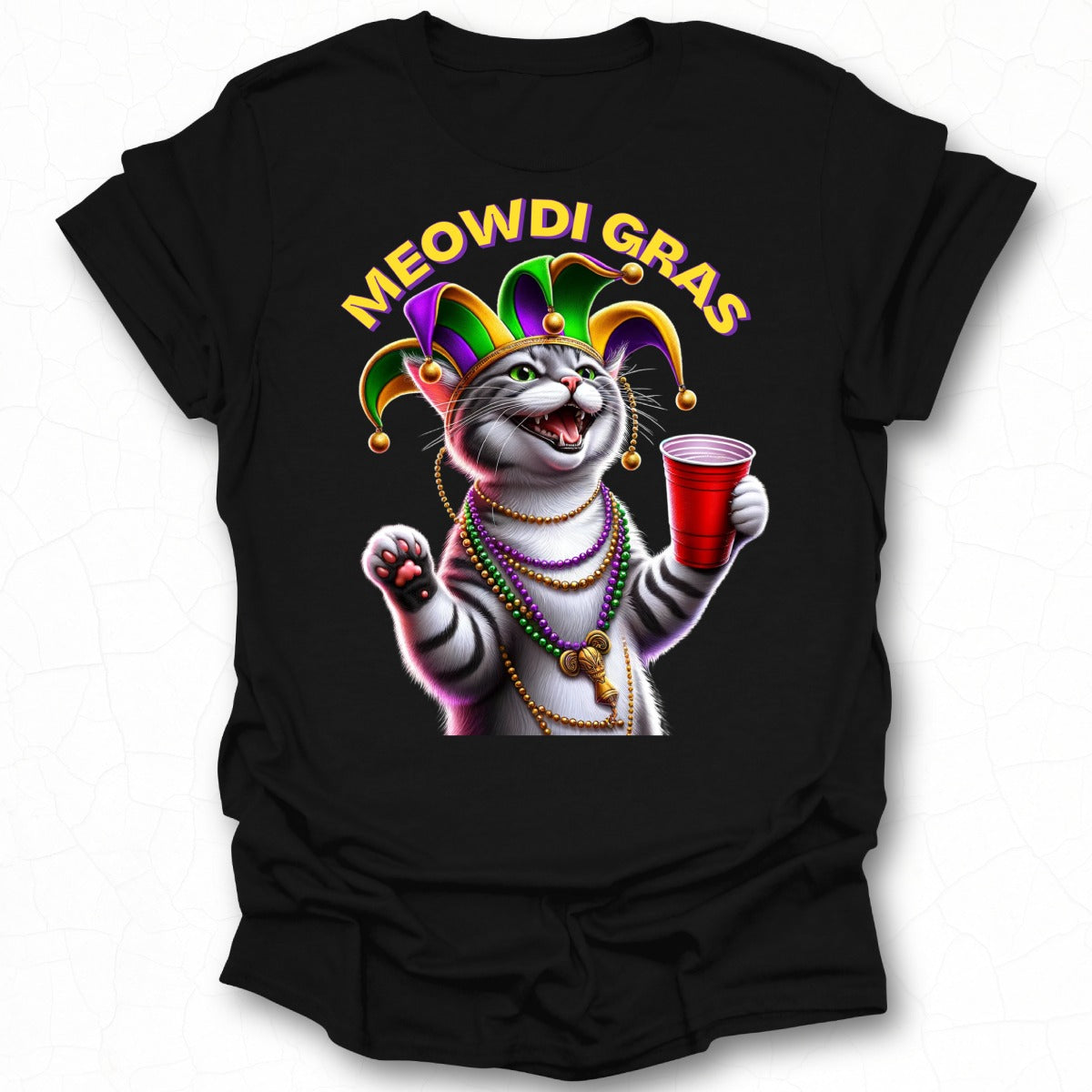 Meowdi Gras Cat with Beads and Cup Apparel