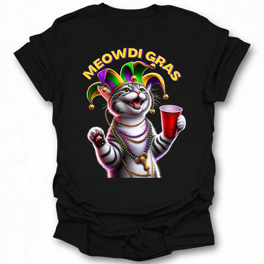 Meowdi Gras Cat with Beads and Cup Apparel