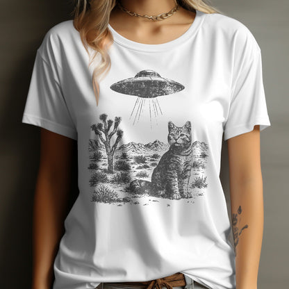 UFO and Cat in Desert Scene T-Shirt