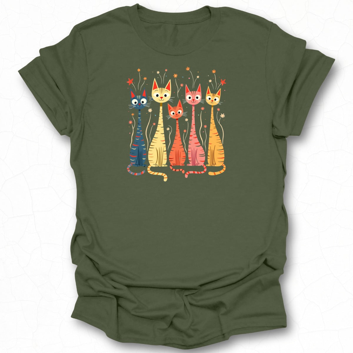 Charming Cats Artistic Design Green T-shirt