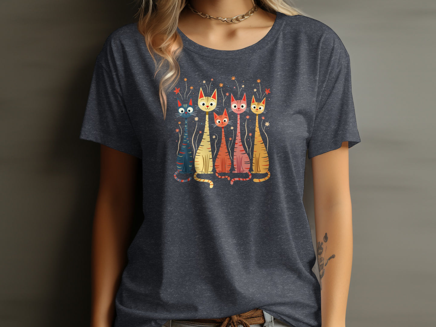 Colorful Cartoon Cats Graphic T-Shirt for Cat Lovers