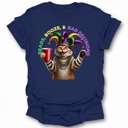 Beads Booze and Bad Decisions Cat T-Shirt