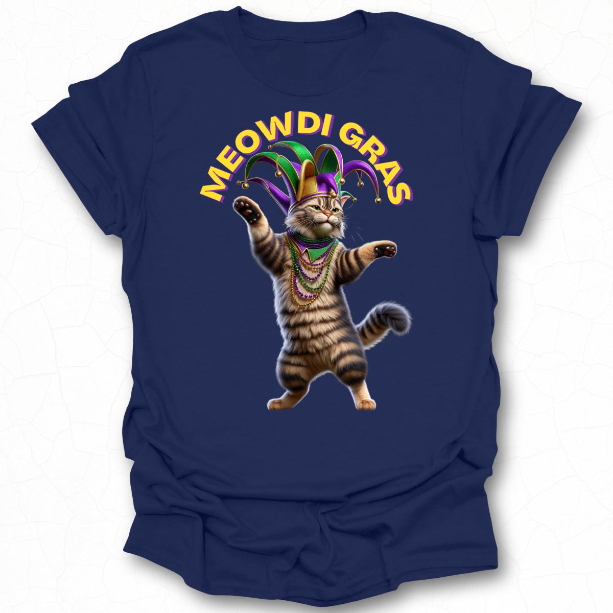 Meowdi Gras Funny Cat with Beads Graphic T-Shirt