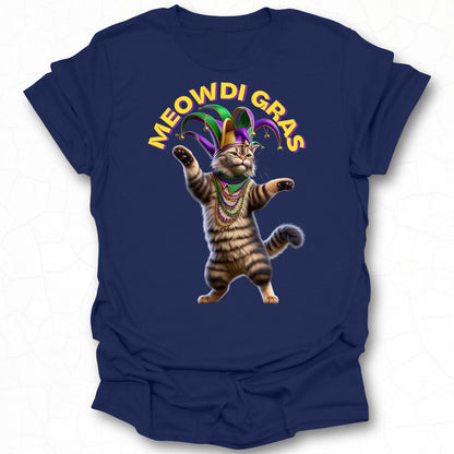 Meowdi Gras Funny Cat with Beads Graphic T-Shirt