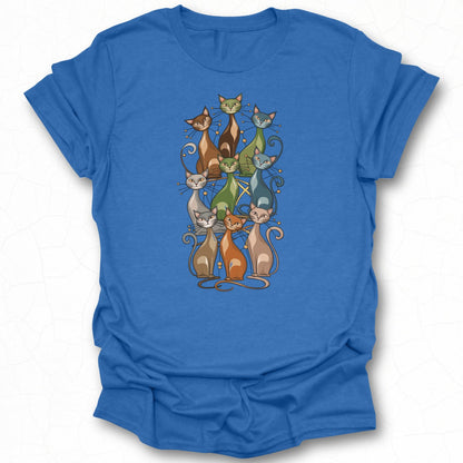 Colorful and Playful Cat Design on Blue T-Shirt