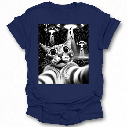 Alien Abduction Cat with UFOs Graphic Shirt