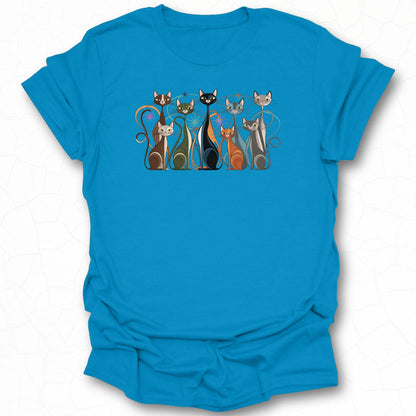 Colorful Cat Display Illustration on Blue T-Shirt
