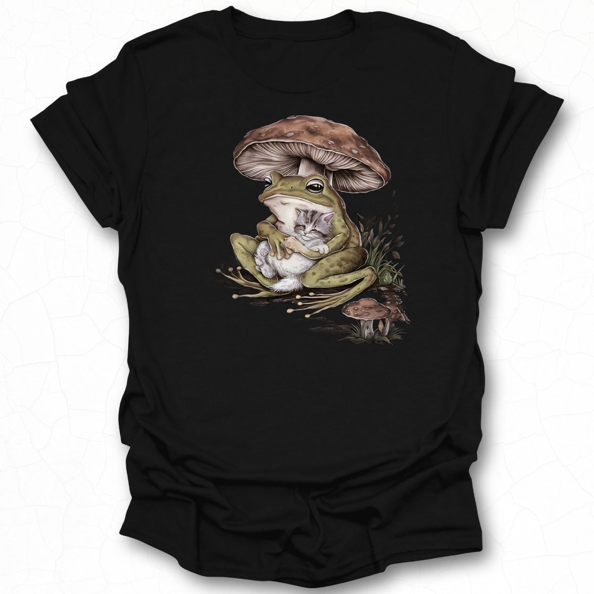Frog Holding Mouse Under Mushroom Graphic Tee