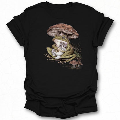 Frog Holding Mouse Under Mushroom Graphic Tee