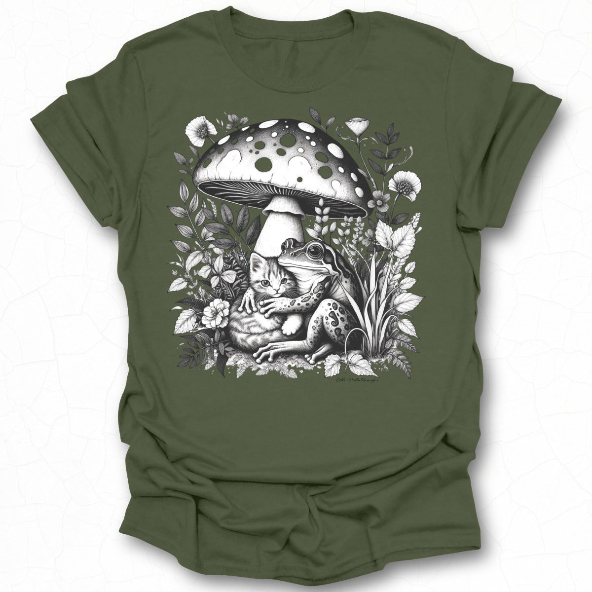Whimsical Frog and Cat Under Mushroom Graphic Shirt