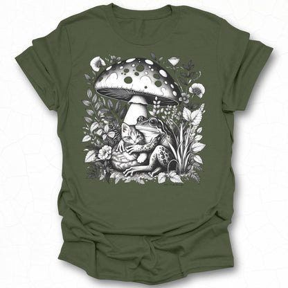 Whimsical Frog and Cat Under Mushroom Graphic Shirt