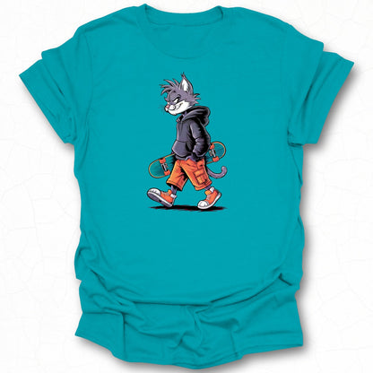 Cool Cat Cartoon Holding Skateboard Graphic T-Shirt