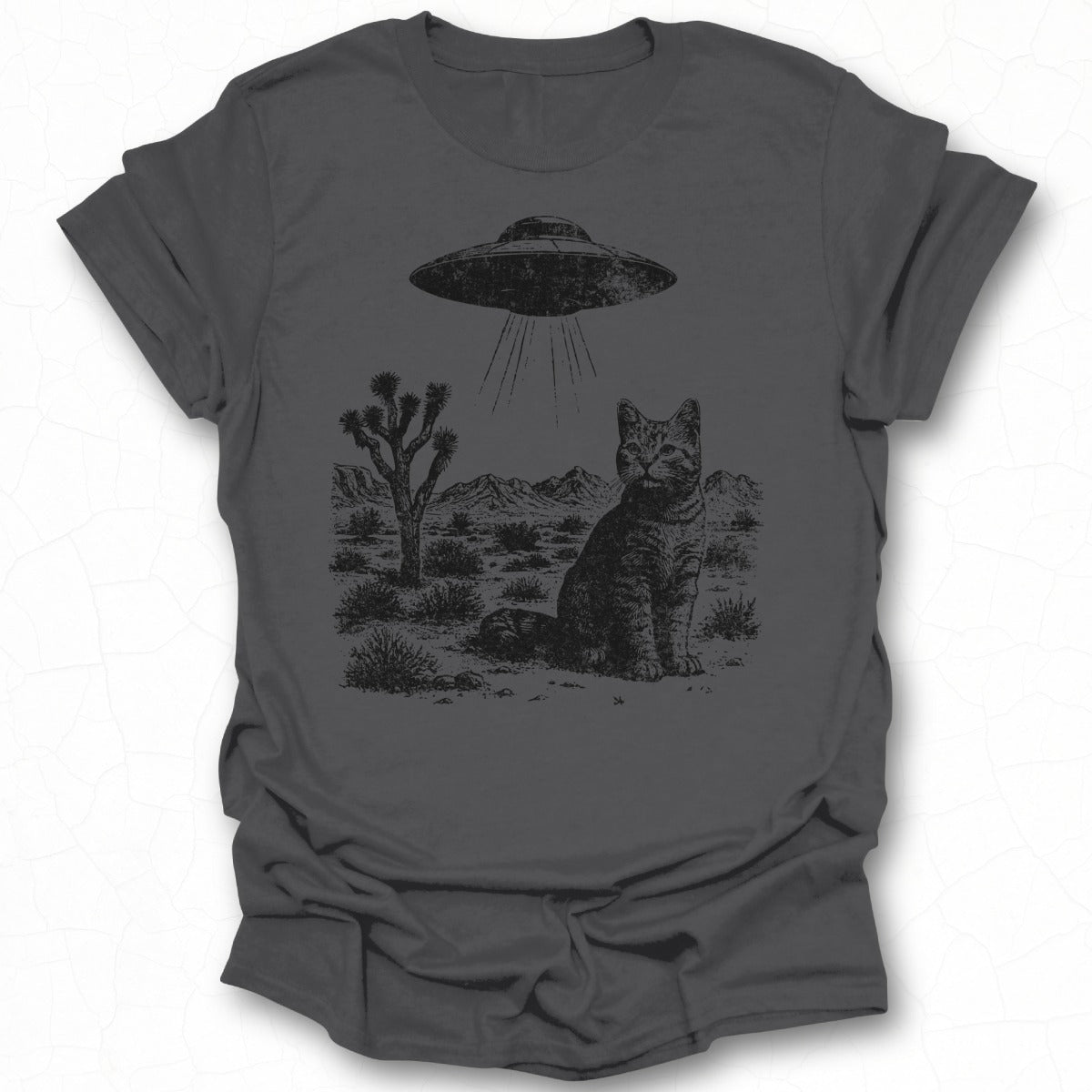 Cat and UFO in Desert Graphic T-shirt