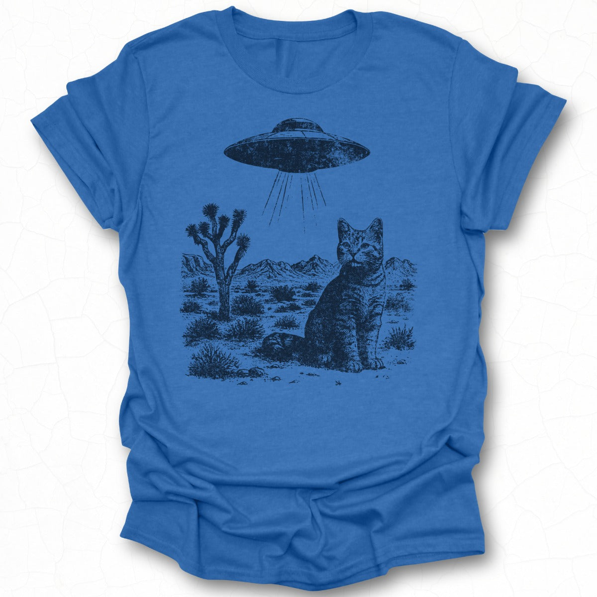 Cat and UFO Desert Scene T-shirt Design for Alien Fans