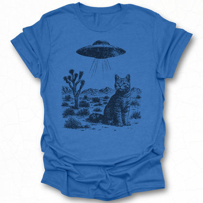 Cat and UFO Desert Scene T-shirt Design for Alien Fans