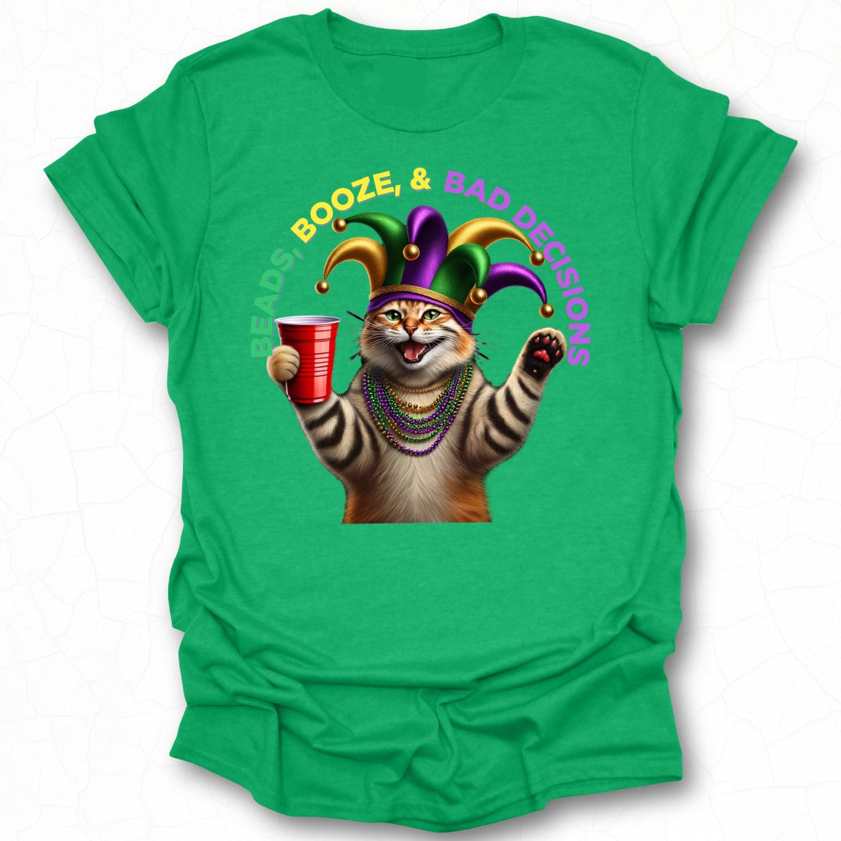 Beads Booze and Bad Decisions Cat T-shirt