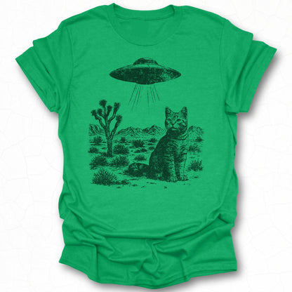Alien UFO Cat Desert Scene Graphic T-Shirt