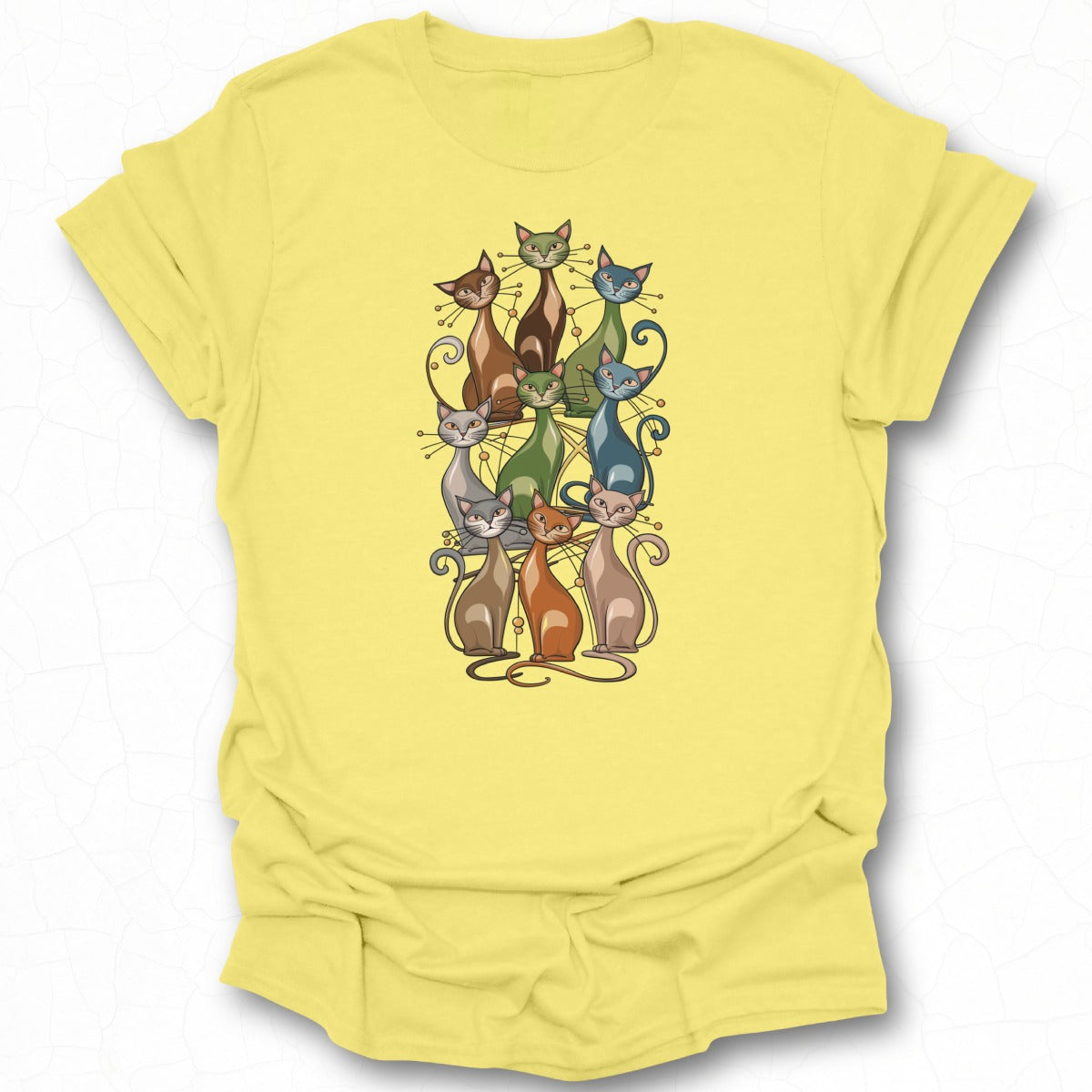 Whimsical cat illustration on yellow tee product