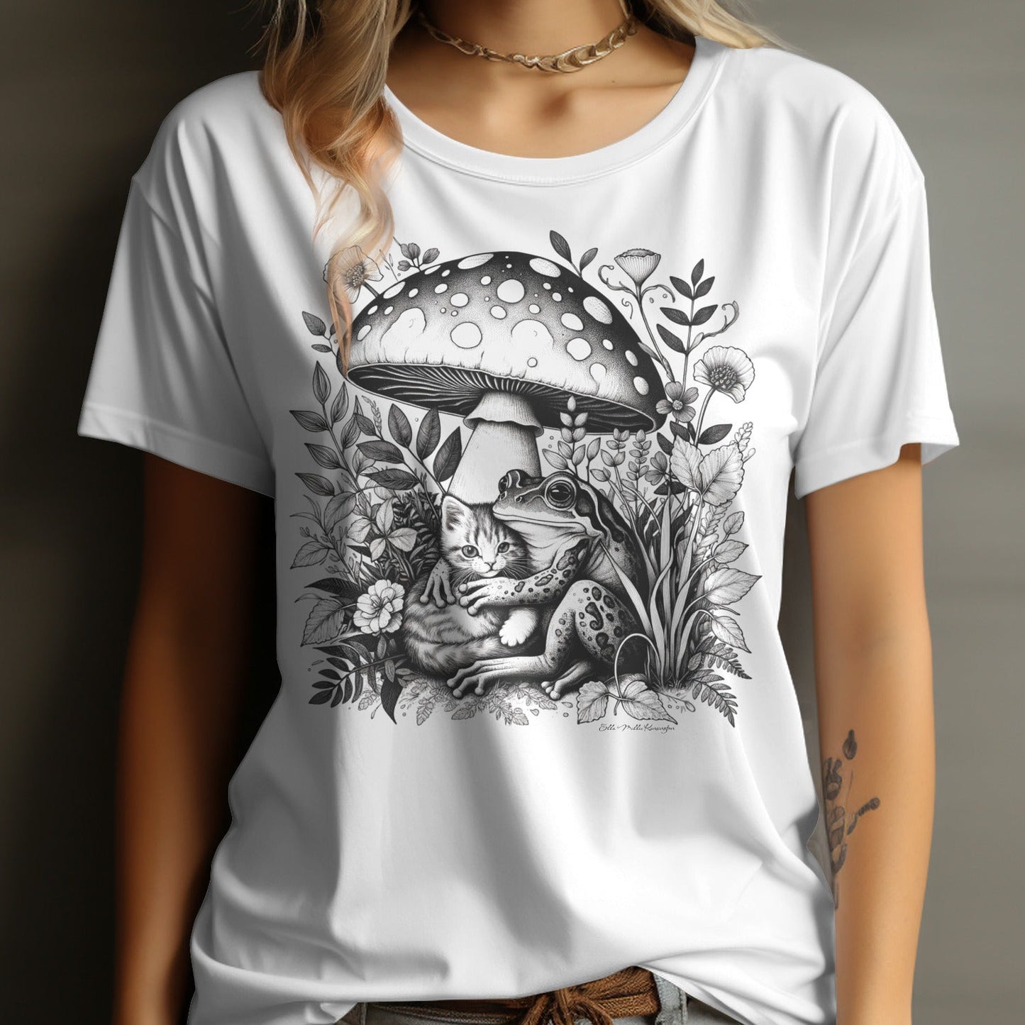 Artistic Frog Under Mushroom Graphic T-Shirt